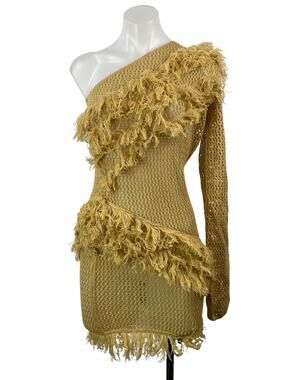 NEW Micas Tan One Shoulder Fringe Open Knit Ruffle Crochet Mini Bodycon Dress L